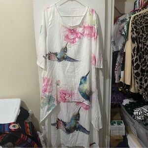 Floral Hummingbird Print Blouse - White and Pink